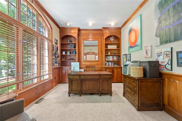 1413 Oak St, Oakmont, PA 15139 - office with crown molding, light carpet, a wainscoted wall, and built in features