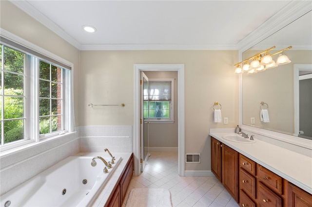 1413 Oak St, Oakmont, PA 15139 - bathroom featuring vanity, a whirlpool tub, tile patterned flooring, crown molding, and an enclosed shower