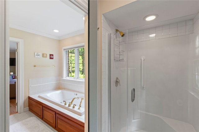 1413 Oak St, Oakmont, PA 15139 - bathroom featuring a stall shower, a bath, ornamental molding, tile patterned floors, and recessed lighting