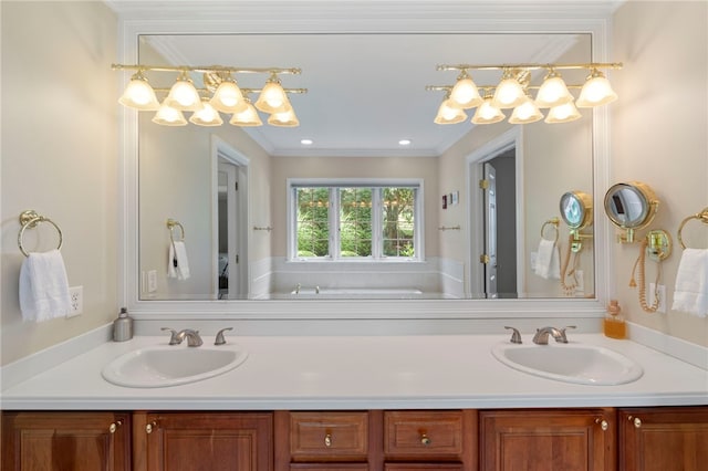 1413 Oak St, Oakmont, PA 15139 - full bathroom featuring double vanity, a chandelier, ornamental molding, and a tub to relax in