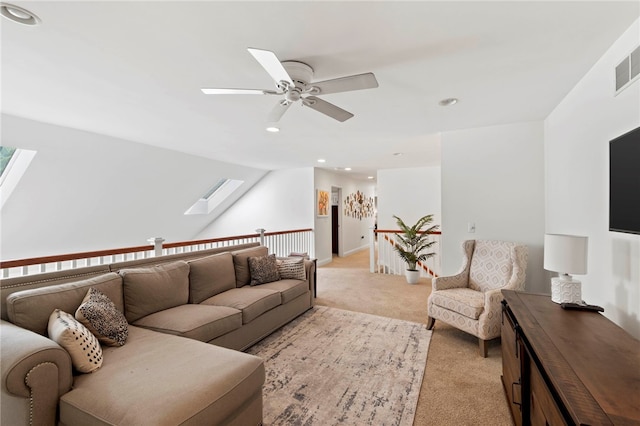 1413 Oak St, Oakmont, PA 15139 - living area with a skylight, light colored carpet, a ceiling fan, and recessed lighting