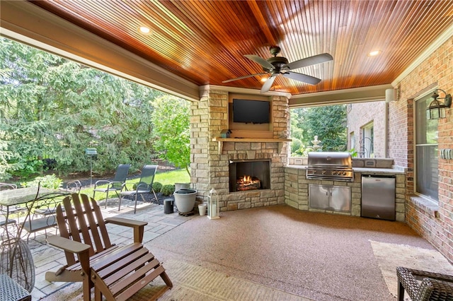 1413 Oak St, Oakmont, PA 15139 - view of patio / terrace featuring area for grilling, ceiling fan, and an outdoor stone fireplace