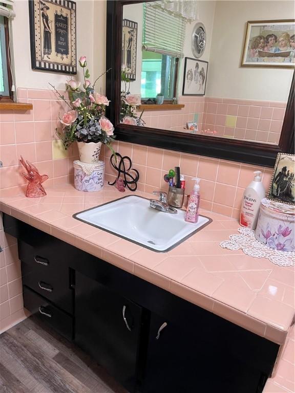 3015 Graham Ave, Windber, PA 15963 - bathroom with vanity, backsplash, and wood finished floors