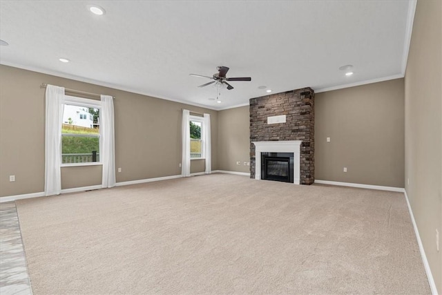 1103 Deerfield Dr, Franklin Park, PA 15143 - unfurnished living room with a ceiling fan, ornamental molding, a stone fireplace, light carpet, and recessed lighting