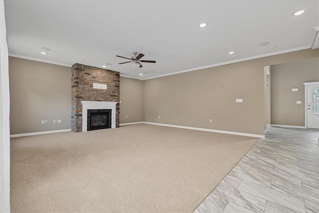 1103 Deerfield Dr, Franklin Park, PA 15143 - unfurnished living room with a ceiling fan, recessed lighting, crown molding, a large fireplace, and light marble finish floors