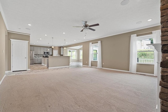 1103 Deerfield Dr, Franklin Park, PA 15143 - unfurnished living room featuring crown molding, ceiling fan, light colored carpet, and recessed lighting