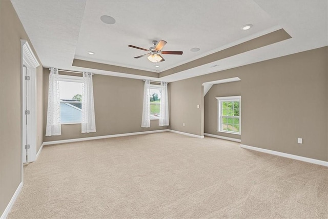 1103 Deerfield Dr, Franklin Park, PA 15143 - empty room featuring a tray ceiling, a ceiling fan, light carpet, and recessed lighting