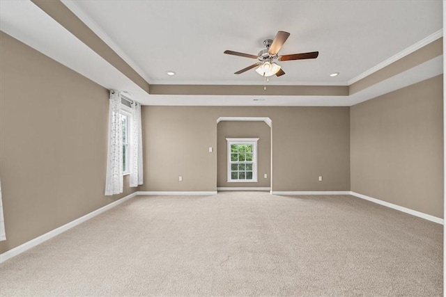 1103 Deerfield Dr, Franklin Park, PA 15143 - carpeted spare room featuring crown molding, a tray ceiling, a ceiling fan, recessed lighting, and arched walkways