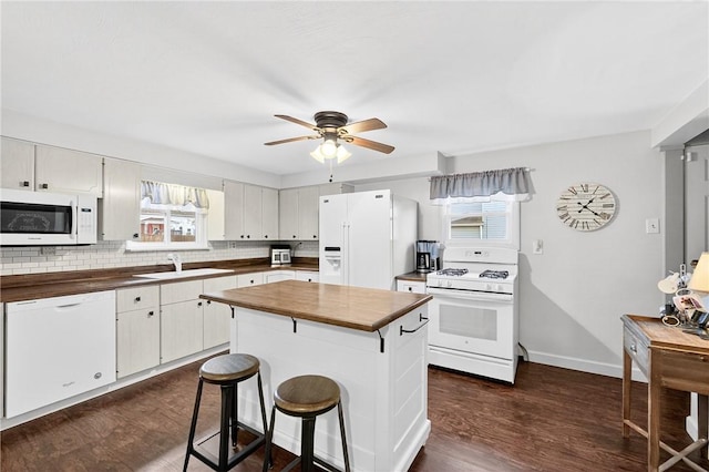 915 Summit St, Mckeesport, PA 15132 - kitchen with white appliances, wooden counters, dark wood finished floors, and ceiling fan