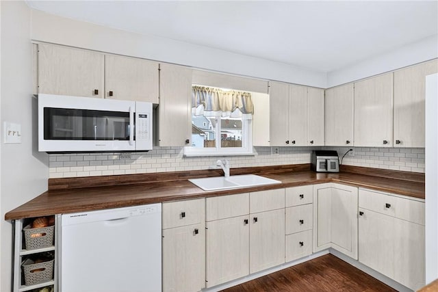 915 Summit St, Mckeesport, PA 15132 - kitchen featuring white appliances, decorative backsplash, wood counters, and dark wood finished floors