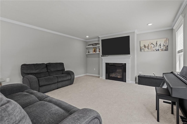 260 Lily Ridge Dr, North Strabane, PA 15317 - living room with ornamental molding, a glass covered fireplace, recessed lighting, and carpet floors