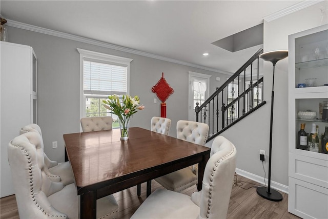 260 Lily Ridge Dr, North Strabane, PA 15317 - dining room with crown molding, stairway, wood finished floors, and recessed lighting