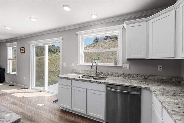 260 Lily Ridge Dr, North Strabane, PA 15317 - kitchen with stainless steel dishwasher, dark wood-style flooring, crown molding, white cabinets, and light stone counters