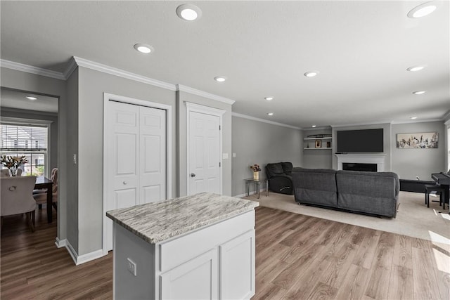260 Lily Ridge Dr, North Strabane, PA 15317 - kitchen featuring wood finished floors, white cabinets, recessed lighting, ornamental molding, and a center island