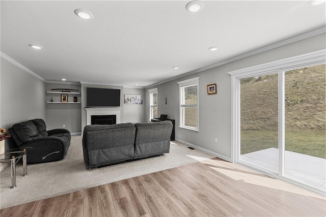 260 Lily Ridge Dr, North Strabane, PA 15317 - living area with crown molding, recessed lighting, a fireplace, and wood finished floors