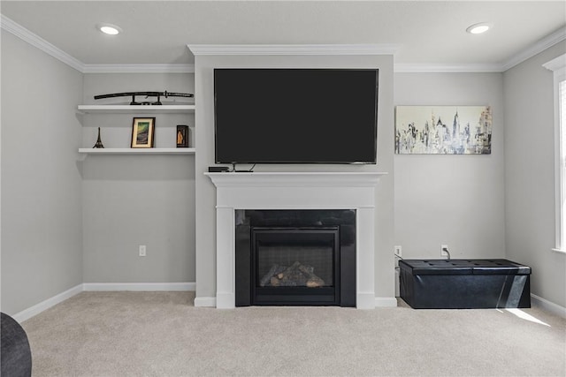 260 Lily Ridge Dr, North Strabane, PA 15317 - detailed view of a glass covered fireplace, carpet floors, crown molding, and recessed lighting