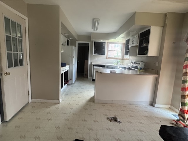 4401 Ridgewood Dr, Jefferson Hills, PA 15332 - kitchen with stainless steel range with electric stovetop, light flooring, freestanding refrigerator, a peninsula, and open shelves