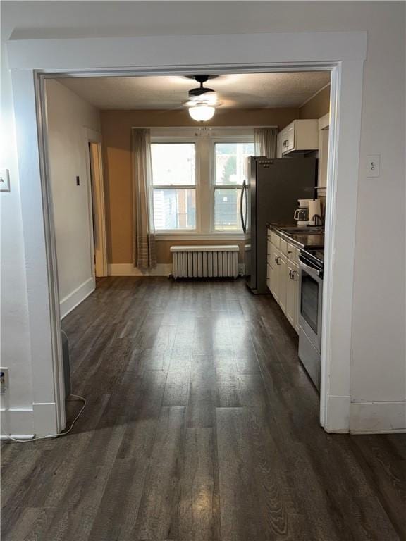 832 Maplewood Ave, Ambridge, PA 15003 - kitchen featuring radiator heating unit, appliances with stainless steel finishes, white cabinets, dark wood-style flooring, and dark countertops