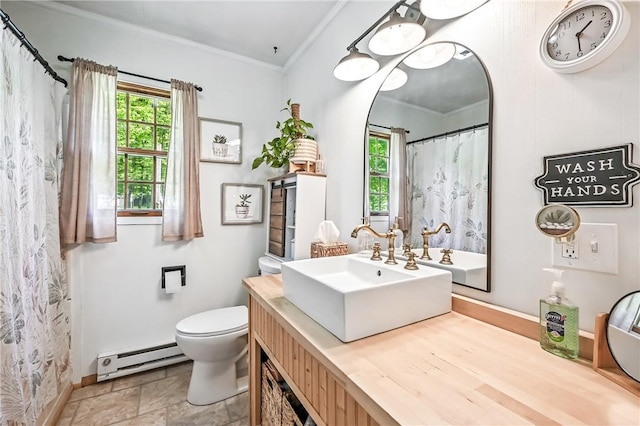 8995 Puritan Ln, Conneaut Twp, PA 16424 - full bathroom with baseboard heating, ornamental molding, plenty of natural light, vanity, and stone finish floors