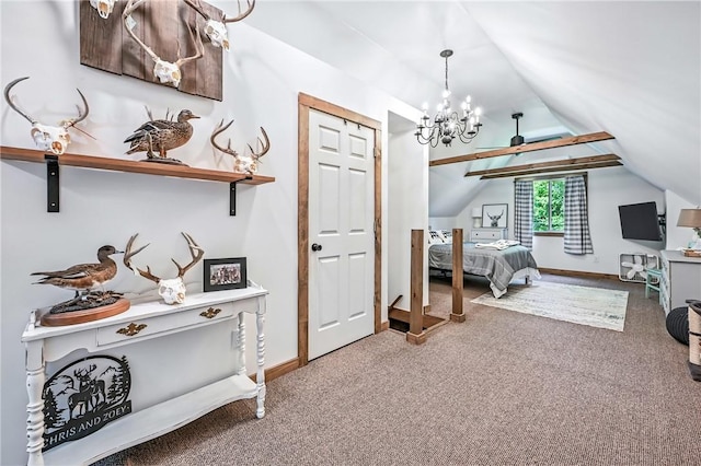 8995 Puritan Ln, Conneaut Twp, PA 16424 - carpeted bedroom featuring lofted ceiling and a chandelier