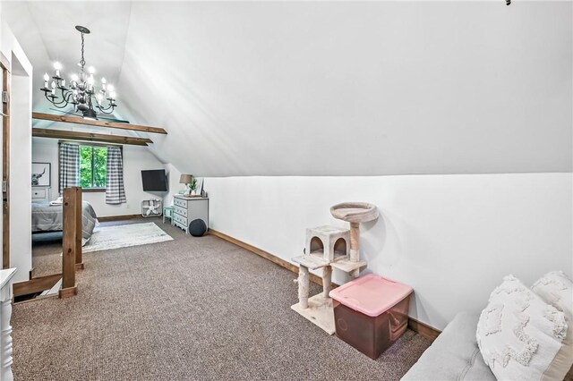 8995 Puritan Ln, Conneaut Twp, PA 16424 - carpeted living area with lofted ceiling and a chandelier