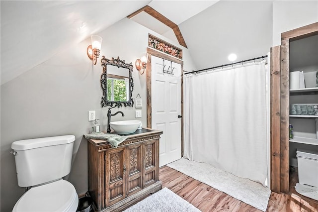 8995 Puritan Ln, Conneaut Twp, PA 16424 - full bathroom featuring vaulted ceiling, wood finished floors, vanity, and curtained shower
