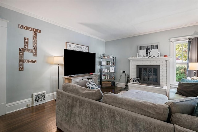 120 Euclid Ave, Sharon, PA 16146 - living area with ornamental molding, a brick fireplace, and dark wood-type flooring
