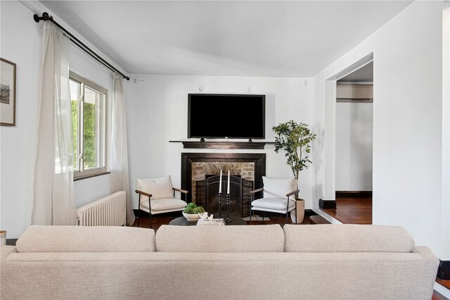 3863 Beechwood Blvd, Greenfield, PA 15217 - living area featuring radiator heating unit, a fireplace, and wood finished floors