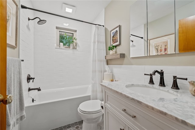 2666 Pointview Dr, Hampton, PA 15101 - full bathroom featuring vanity, shower / bathtub combination with curtain, tile patterned flooring, and tile walls