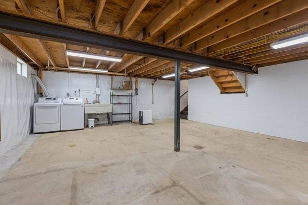 408 Circle Dr, Franklin Twp, PA 16117 - unfinished below grade area featuring separate washer and dryer and stairs