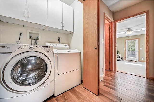 2801 Valley View Rd, South Pymatuning Twp, PA 16150 - laundry area featuring cabinet space, independent washer and dryer, light wood-style flooring, and ceiling fan