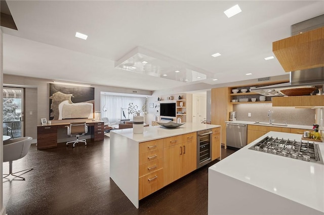 316 Beaver St Unit 301, Sewickley, PA 15143 - kitchen featuring appliances with stainless steel finishes, modern cabinets, open shelves, wine cooler, and recessed lighting