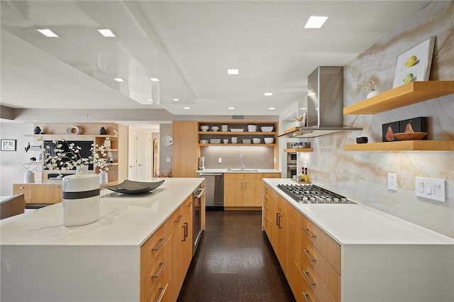 316 Beaver St Unit 301, Sewickley, PA 15143 - kitchen featuring open shelves, range hood, appliances with stainless steel finishes, modern cabinets, and tasteful backsplash
