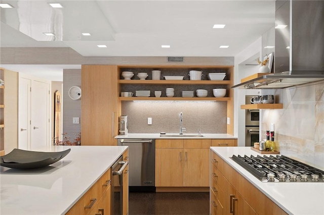 316 Beaver St Unit 301, Sewickley, PA 15143 - kitchen featuring open shelves, stainless steel appliances, island exhaust hood, and light countertops