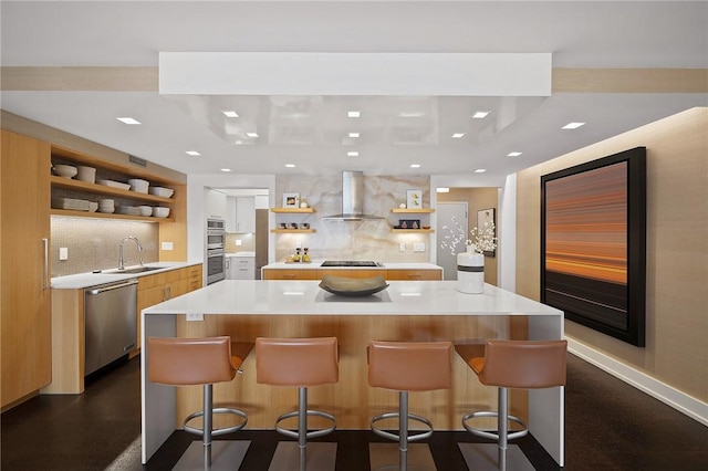 316 Beaver St Unit 301, Sewickley, PA 15143 - kitchen with open shelves, wall chimney exhaust hood, appliances with stainless steel finishes, modern cabinets, and light countertops