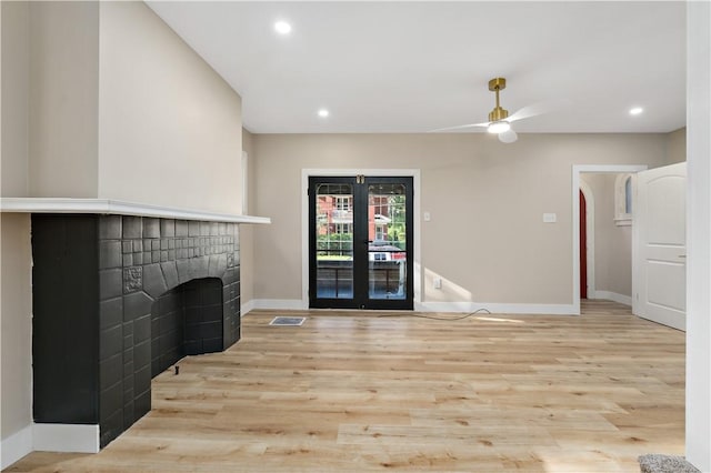 3656 Baytree, Observatory Hill, PA 15214 - unfurnished living room featuring a ceiling fan, light wood-style floors, french doors, a fireplace, and recessed lighting