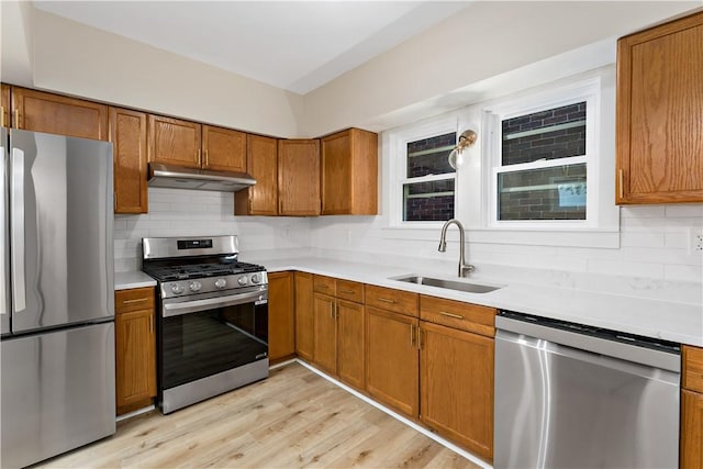 3656 Baytree, Observatory Hill, PA 15214 - kitchen featuring appliances with stainless steel finishes, under cabinet range hood, brown cabinets, light countertops, and decorative backsplash