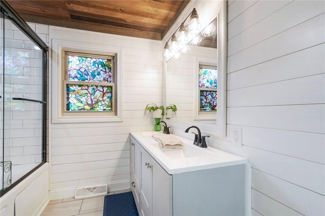 115 Muddy Creek Dr, Center Twp, PA 16001 - bathroom with wooden walls, vanity, wooden ceiling, enclosed tub / shower combo, and tile patterned floors