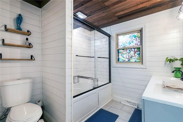 115 Muddy Creek Dr, Center Twp, PA 16001 - full bathroom featuring wood walls, vanity, combined bath / shower with glass door, tile patterned floors, and wooden ceiling