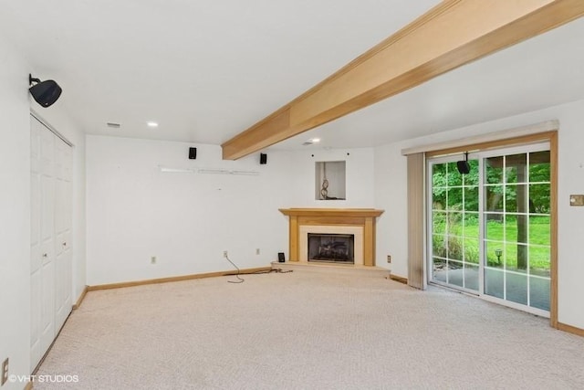 82 Monmouth Dr, Cranberry Twp, PA 16066 - unfurnished living room featuring carpet flooring, recessed lighting, and a fireplace with raised hearth