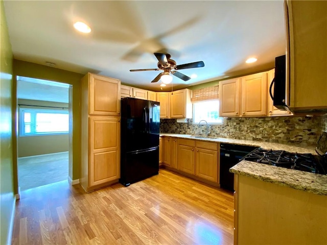 90 Steubenville Pike, Hanover Twp, PA 15021 - kitchen featuring black appliances, a ceiling fan, light wood-style floors, backsplash, and recessed lighting