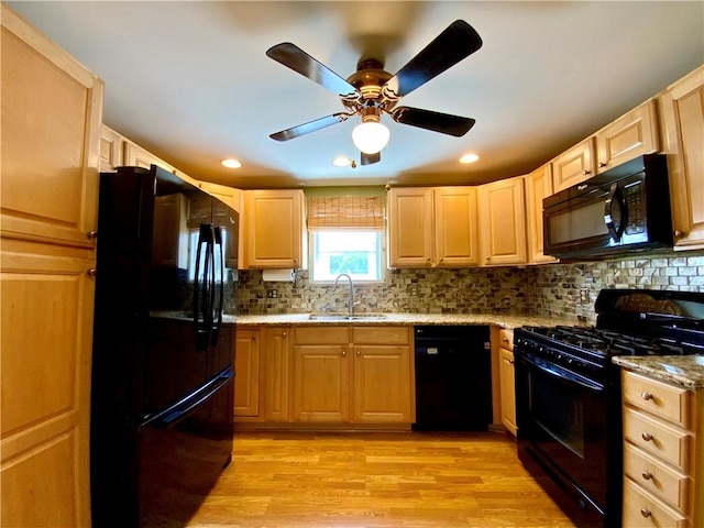 90 Steubenville Pike, Hanover Twp, PA 15021 - kitchen with black appliances, light brown cabinetry, a ceiling fan, backsplash, and light stone countertops