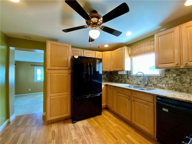 90 Steubenville Pike, Hanover Twp, PA 15021 - kitchen featuring black appliances, light wood-style floors, decorative backsplash, light brown cabinetry, and recessed lighting