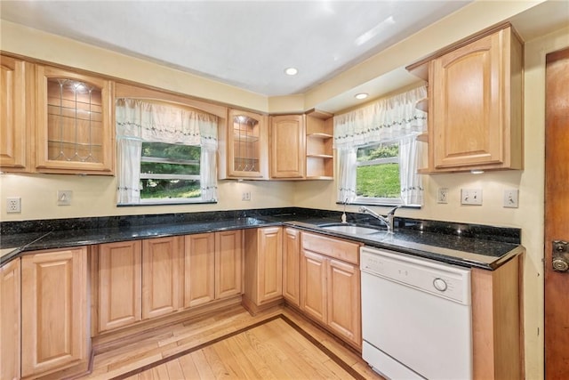 305 Beadling Rd, Mt Lebanon, PA 15228 - kitchen with dishwasher, open shelves, dark stone counters, light wood-style floors, and light brown cabinets