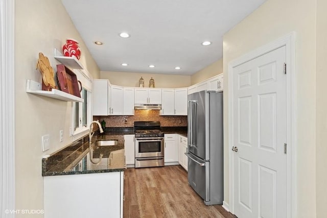 9810 Three Degree Rd, Mccandless, PA 15101 - kitchen featuring stainless steel appliances, under cabinet range hood, white cabinets, dark stone counters, and light wood finished floors