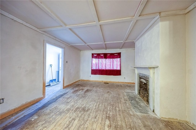 75 Wilson St, Etna, PA 15223 - unfurnished living room featuring coffered ceiling, a high end fireplace, and wood finished floors