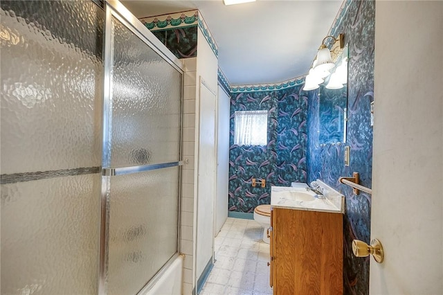 75 Wilson St, Etna, PA 15223 - full bath featuring wallpapered walls, vanity, tile patterned floors, and combined bath / shower with glass door