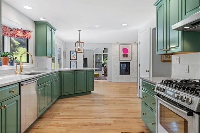 32 Canter Dr, Sewickley Hills Boro, PA 15143 - kitchen featuring under cabinet range hood, appliances with stainless steel finishes, green cabinetry, and recessed lighting