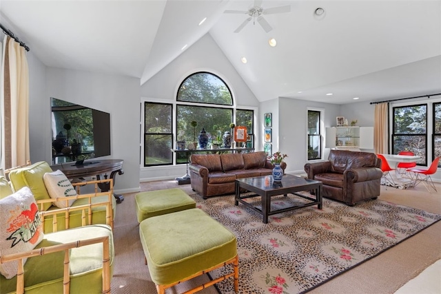 32 Canter Dr, Sewickley Hills Boro, PA 15143 - carpeted living room featuring high vaulted ceiling, a ceiling fan, and recessed lighting