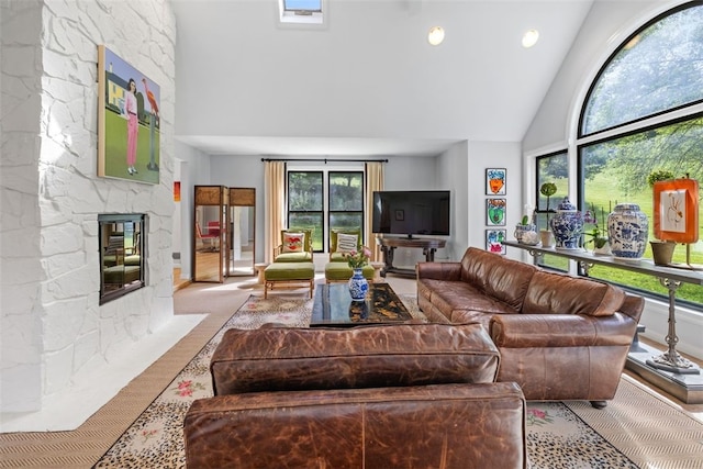 32 Canter Dr, Sewickley Hills Boro, PA 15143 - living room with high vaulted ceiling, a fireplace, and recessed lighting